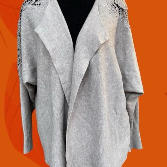 LIV MILANO cardigan open front, lace sleeve with gems, women's size L - Picture 1 of 11